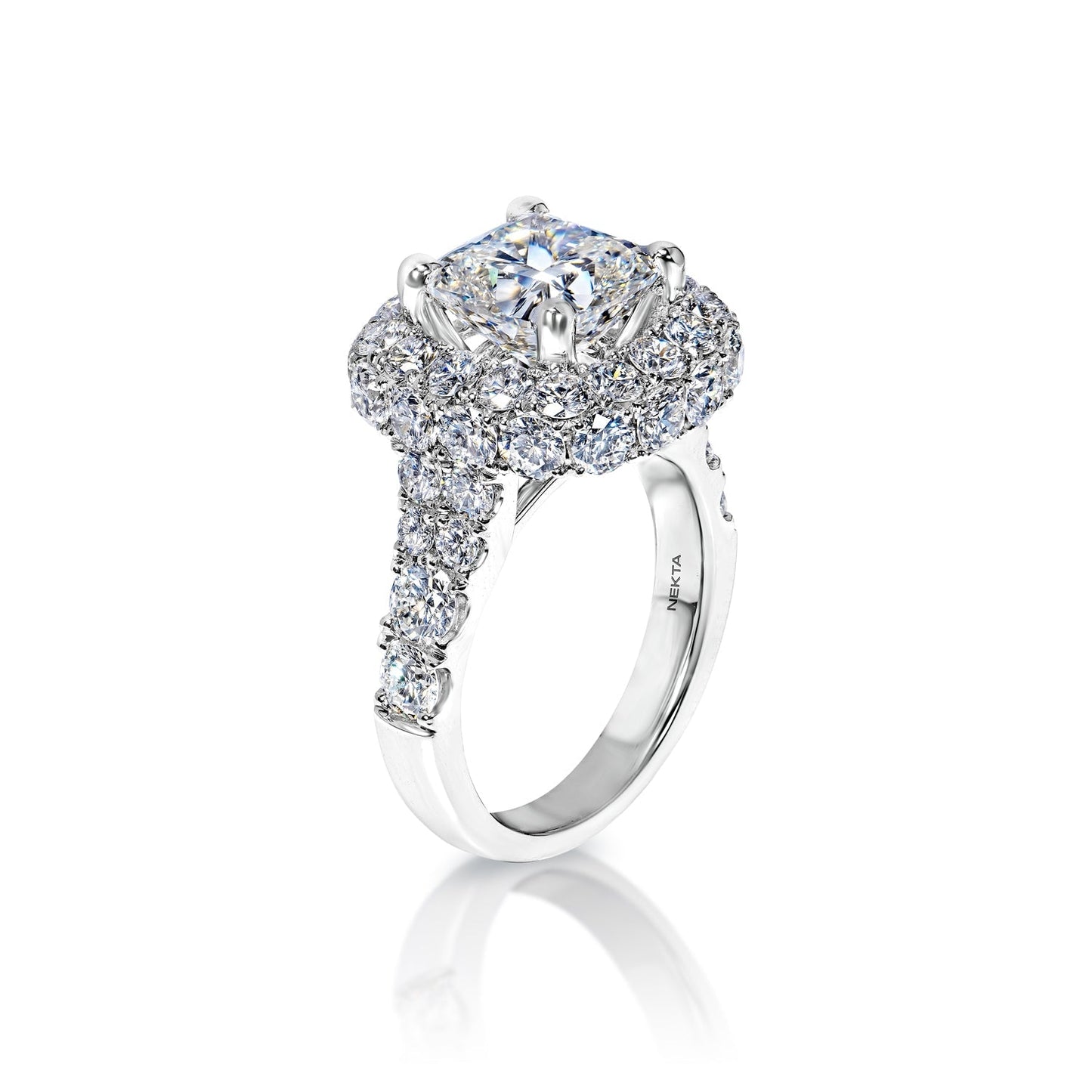 Lavina 7 Carat H VVS2 Cushion Cut Diamond Engagement ring in 18k White Gold. IGI Certified Side View