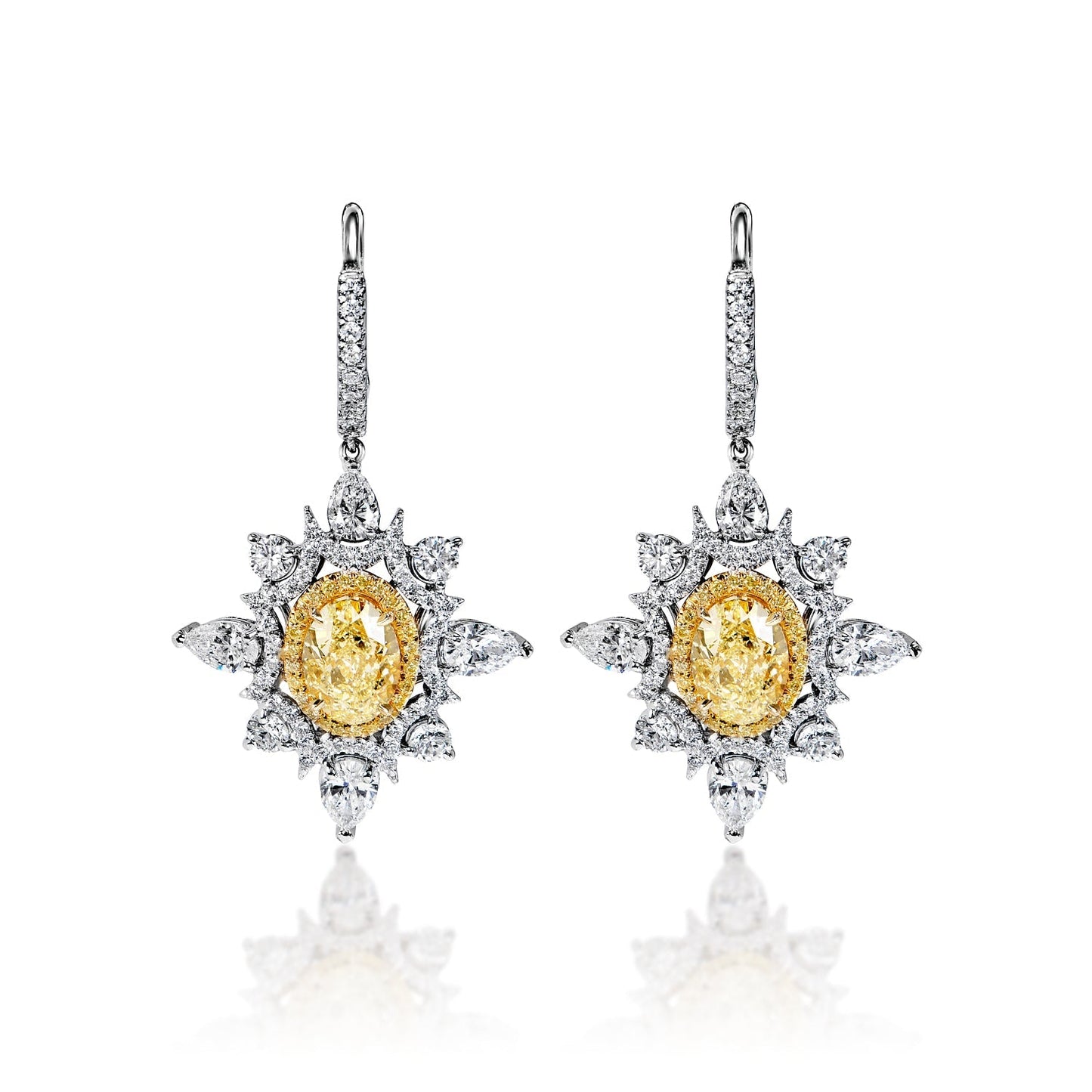 Everleigh 8 Carat FLY IF - VS2 Oval Shape Diamond Leverback Earrings in 18k Yellow & White Gold Front View