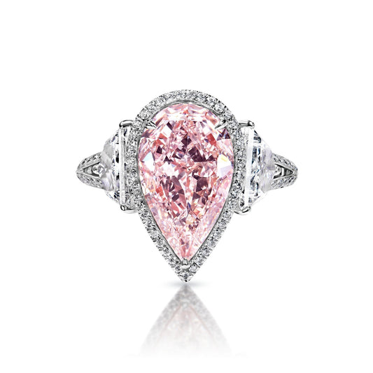 Ximena 5 Carat Light Pink VS2 Pear Shape Diamond Engagement Ring in 18k White Gold Front View