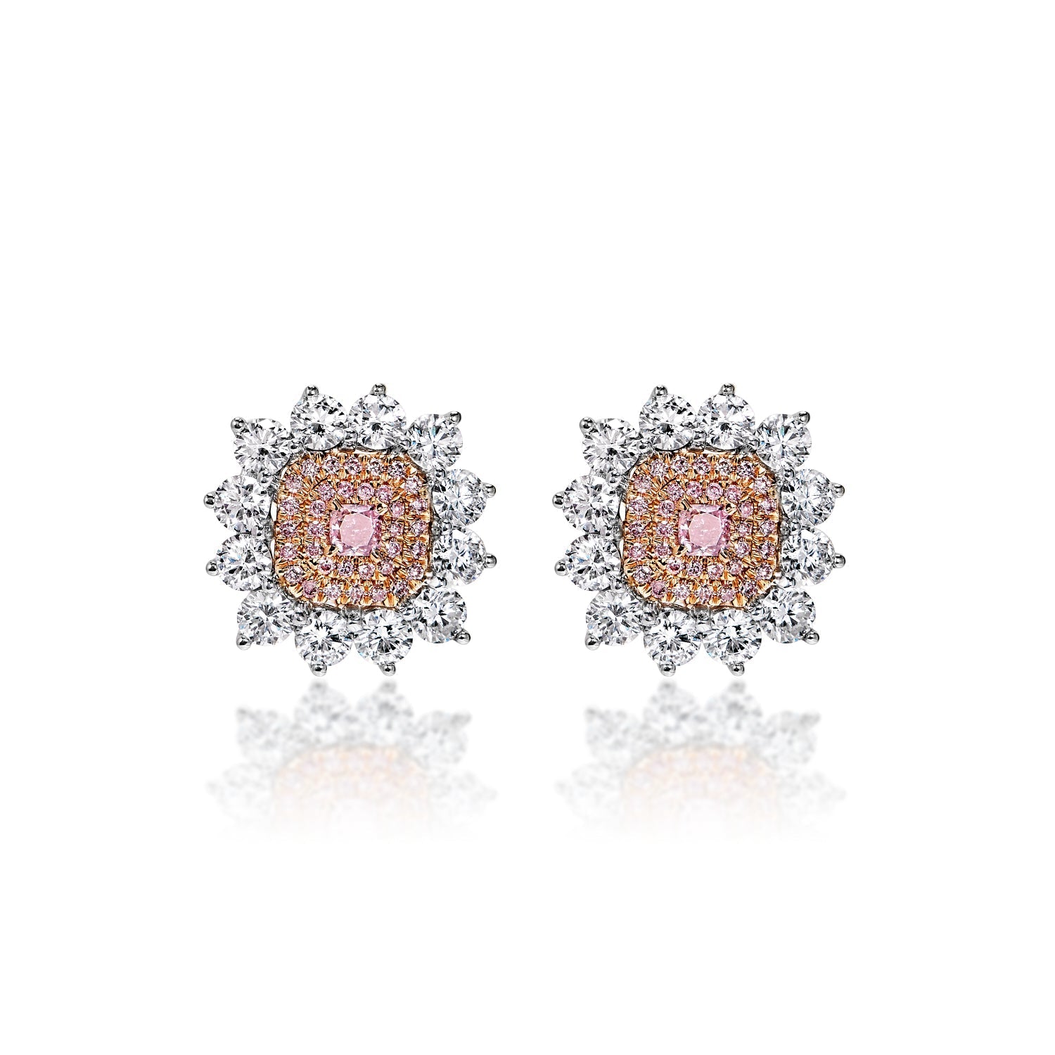 Sara 4 Carat Fancy Intense Purplish Pink Radiant Cut Diamond Stud Earrings in 18k White Gold Front View