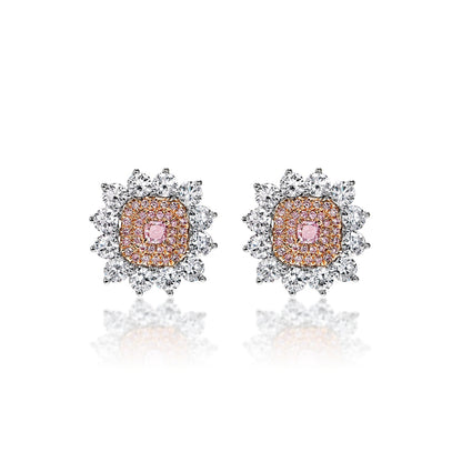 Sara 4 Carat Fancy Intense Purplish Pink Radiant Cut Diamond Stud Earrings in 18k White Gold Front View