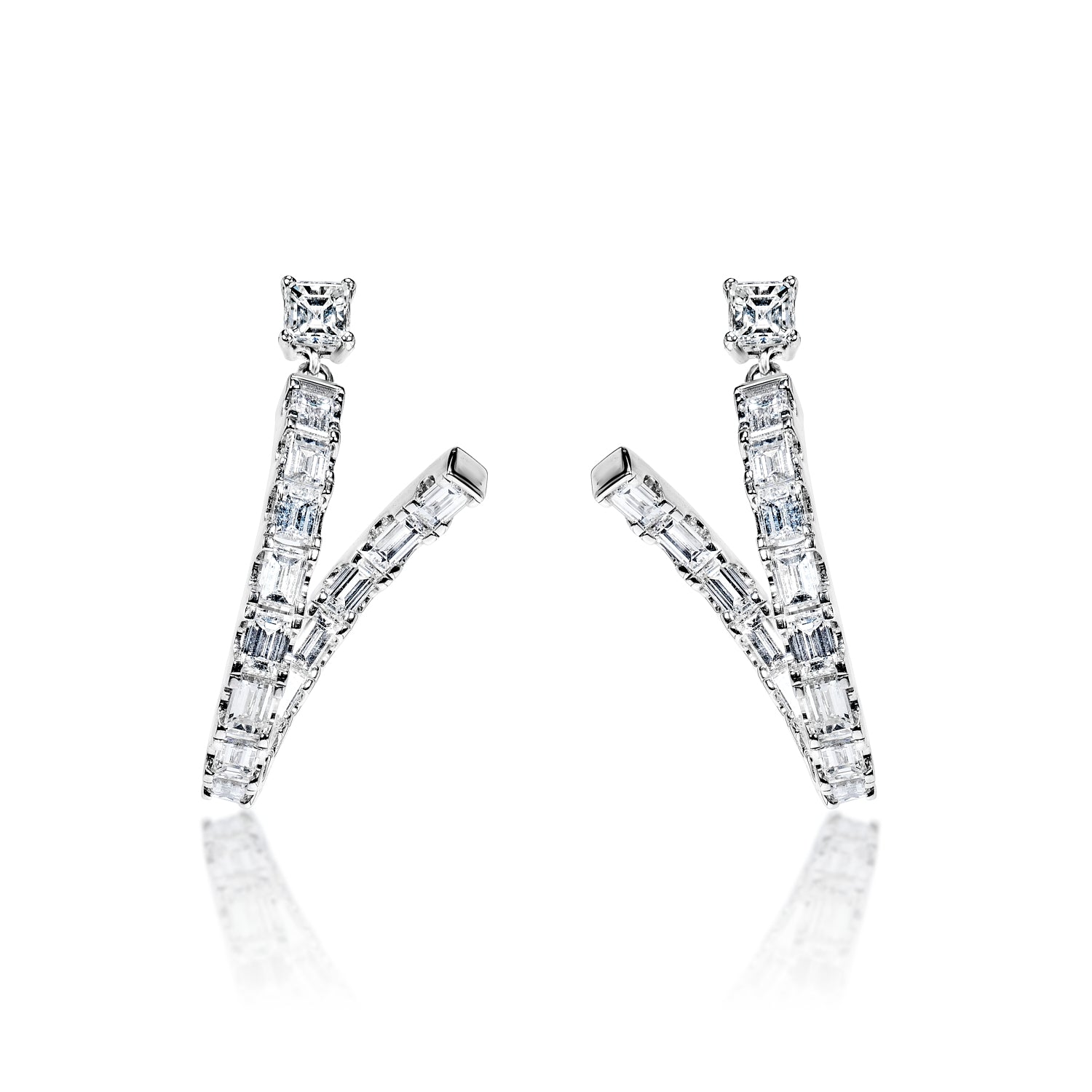 Davina 6 Carat Emerald Cut Diamond Dangle Earrings in 18k White Gold Front View