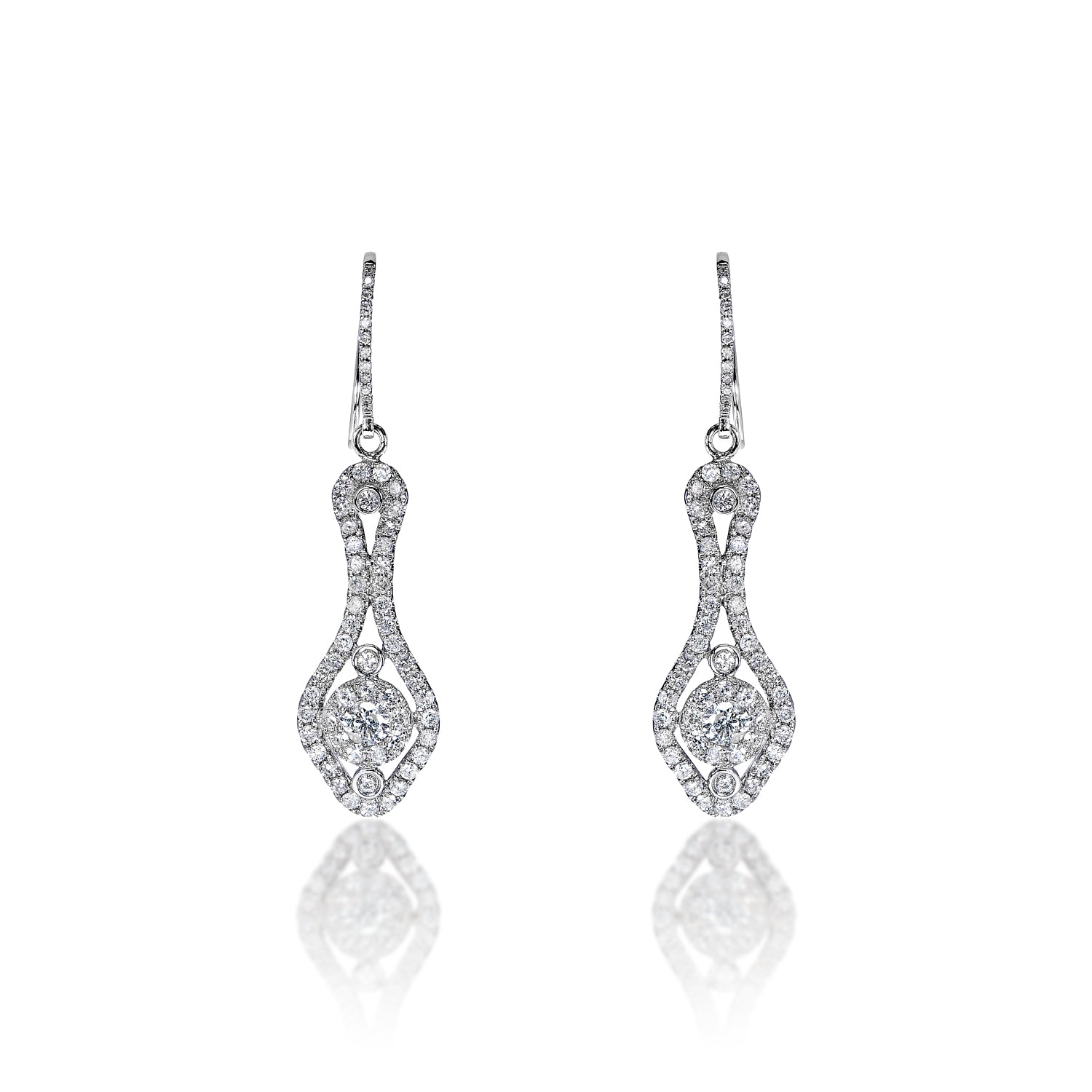 Fernanda 2 Carat Round Brilliant Diamond Shoulder Duster Earrings in 18k White Gold Front View