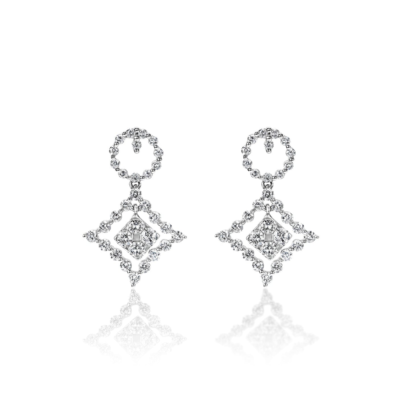 Emely 2 Carats Round Brilliant Cut Diamond Dangle Earrings in 18k White Gold Front View