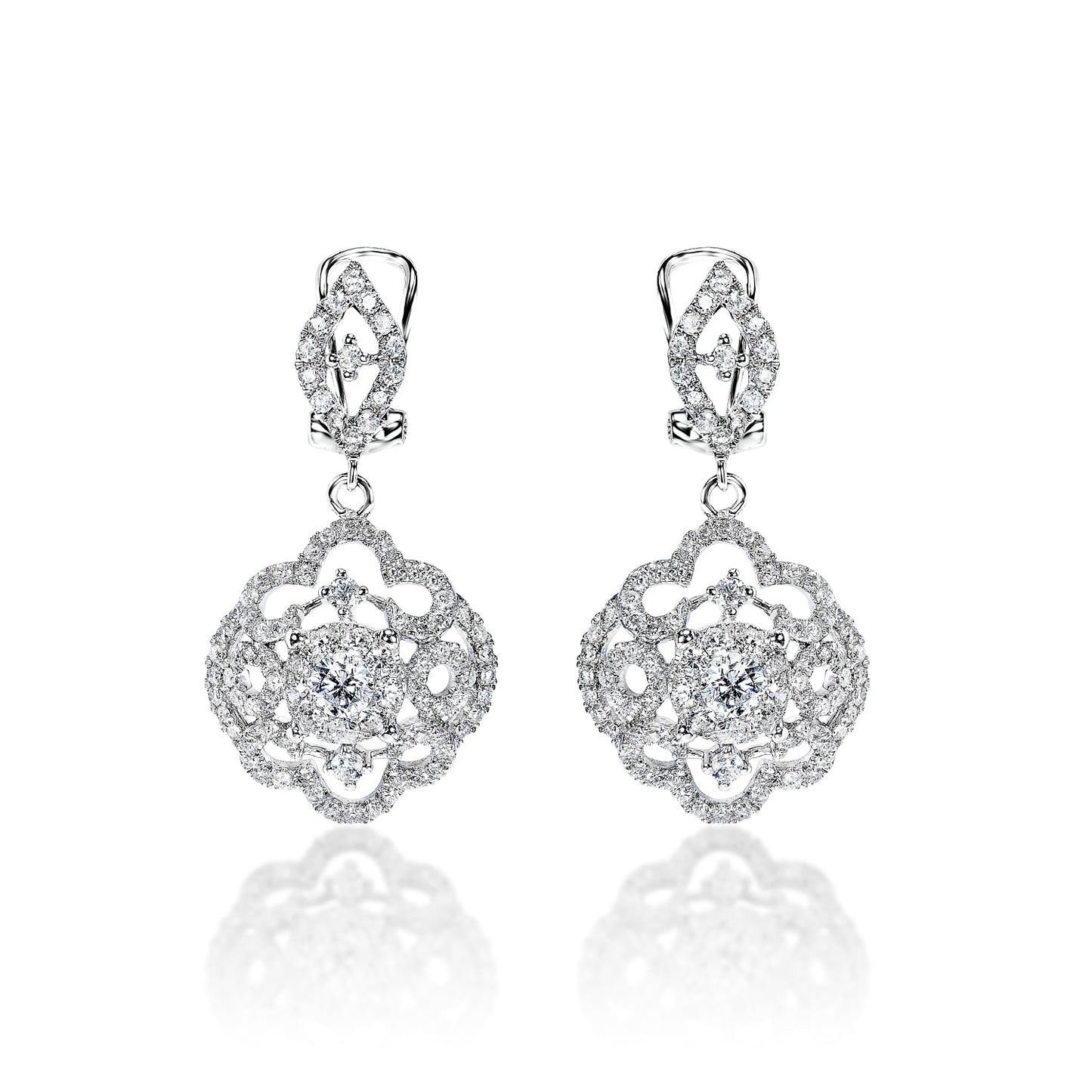 Ailani 2 Carat Round Brilliant Diamond English Lock Earrings in 14k White Gold Front View