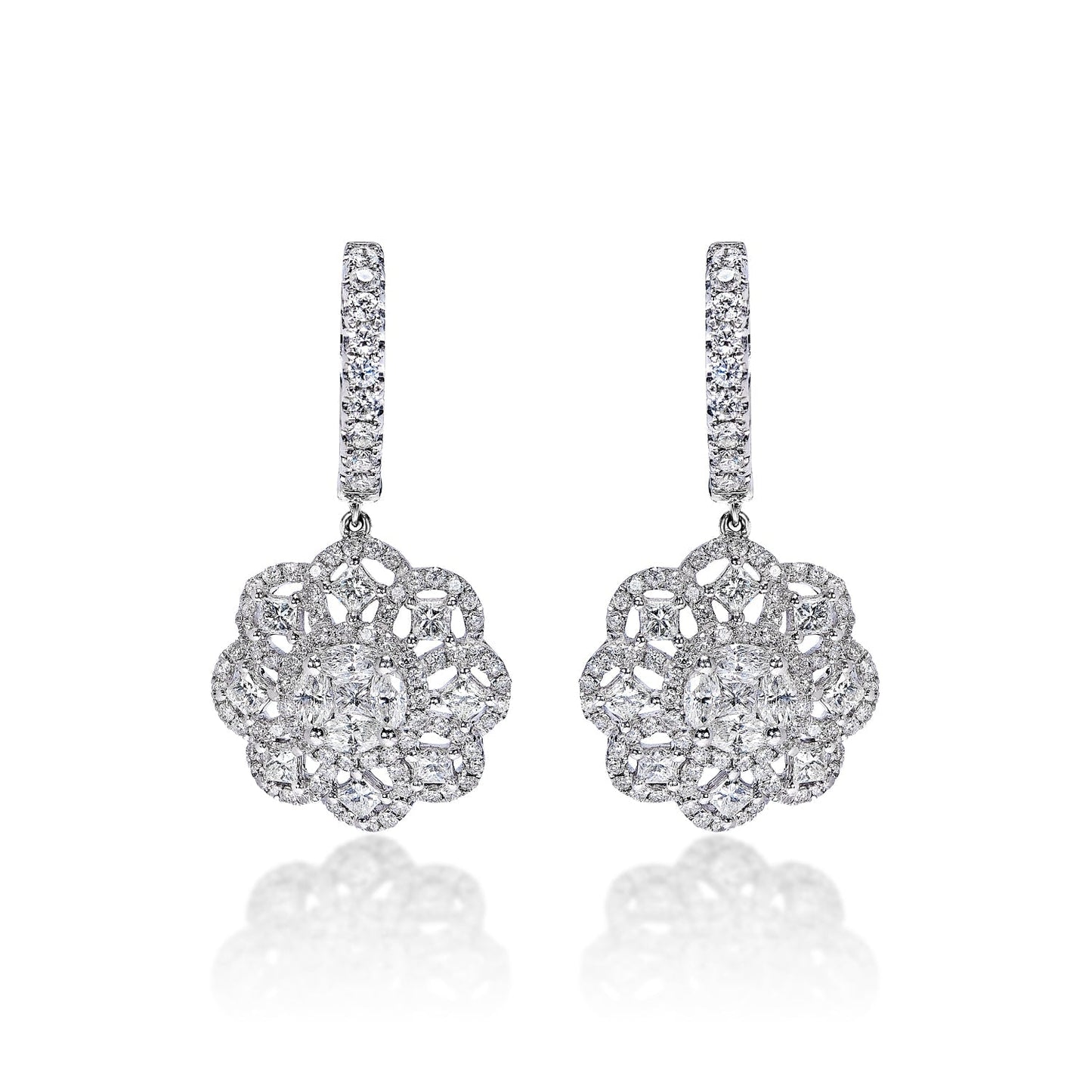 Renata 3 Carats Combine Mix Shape Diamond Huggie Drop Earrings in 14k White Gold Front View