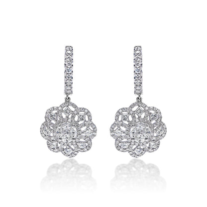 Renata 3 Carats Combine Mix Shape Diamond Huggie Drop Earrings in 14k White Gold Front View