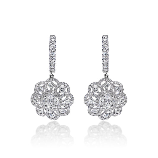 Renata 3 Carats Combine Mix Shape Diamond Huggie Drop Earrings in 14k White Gold Front View