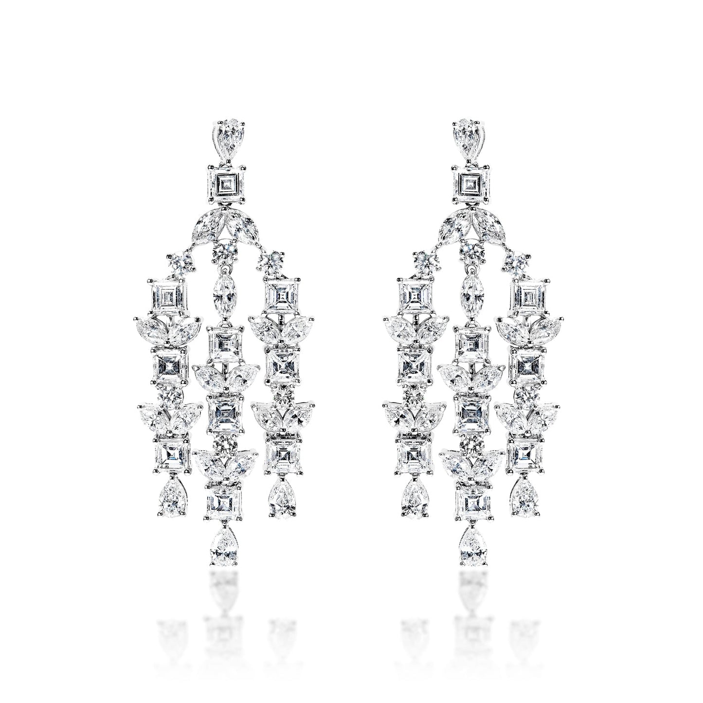 Zariah 8 Carat Combine Mix Shape Diamond Chandelier Earrings in 14k White Gold Front View