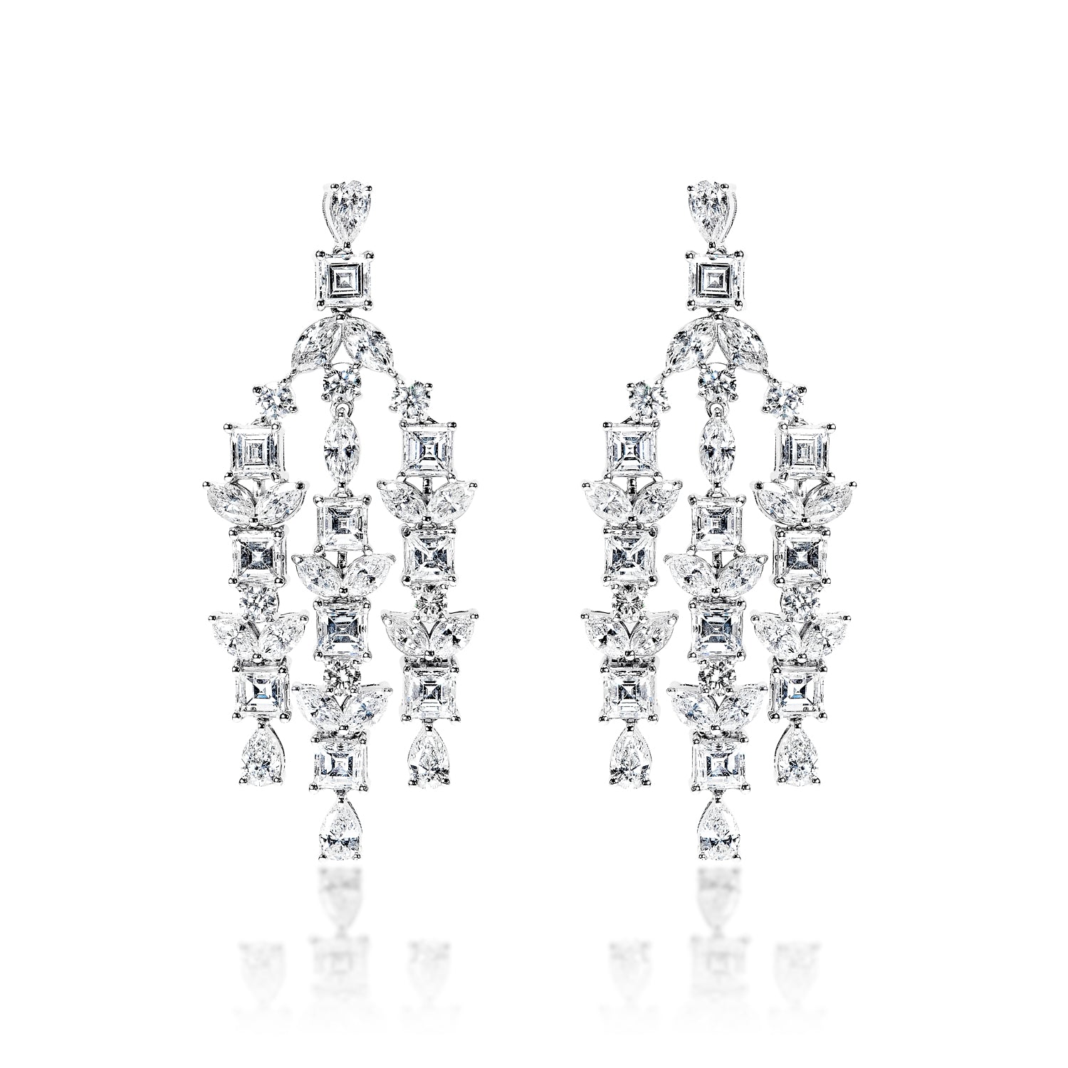 Zariah 8 Carat Combine Mix Shape Diamond Chandelier Earrings in 14k White Gold Front View