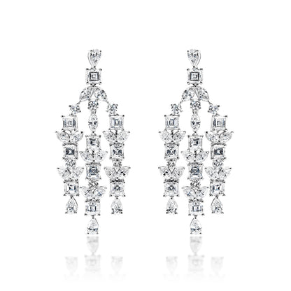 Zariah 8 Carat Combine Mix Shape Diamond Chandelier Earrings in 14k White Gold Front View