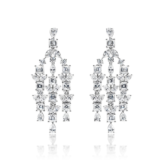 Zariah 8 Carat Combine Mix Shape Diamond Chandelier Earrings in 14k White Gold Front View