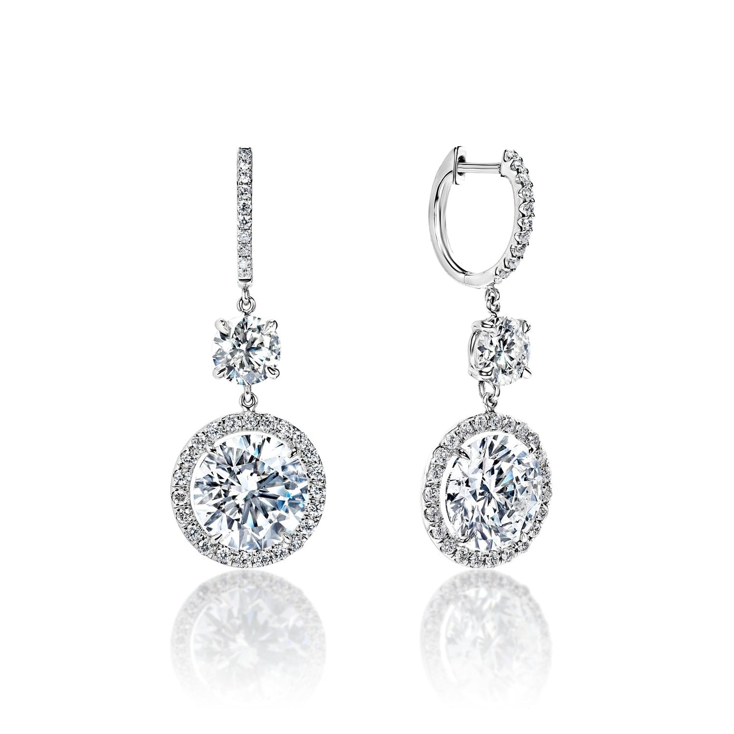 Felicity 13 Carat I J SI1 Round Brilliant Cut Diamond Huggie Dangle Earrings in 18k White Gold Front and Side View