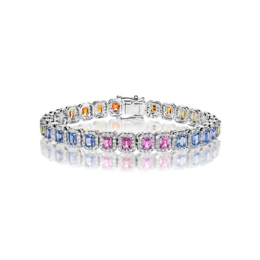 Alejandra 13 Carats Multi-Color Emerald Cut Single Row Diamond Tennis Bracelet in 14k White Gold Full View