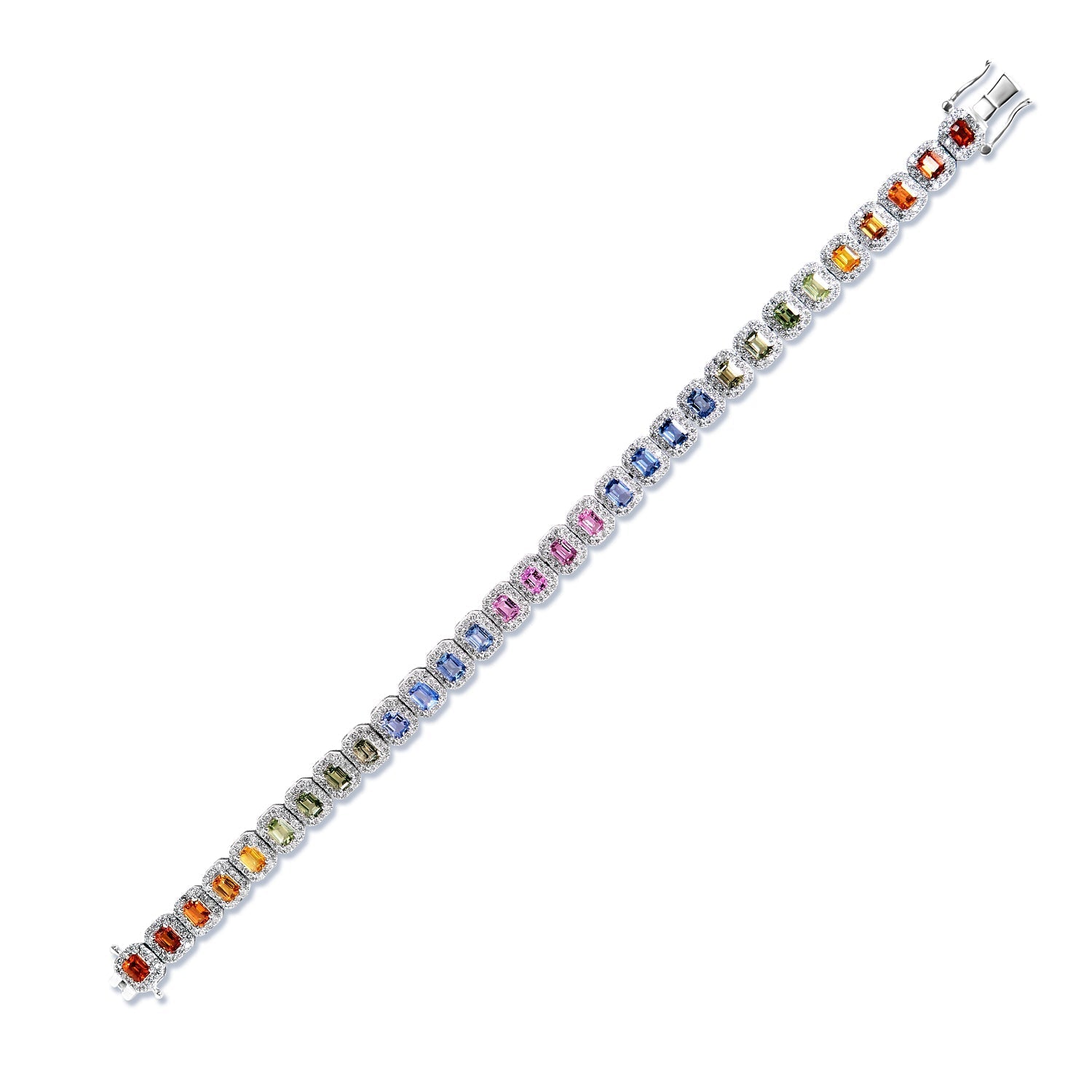 Alejandra 13 Carats Multi-Color Emerald Cut Single Row Diamond Tennis Bracelet in 14k White Gold Front View