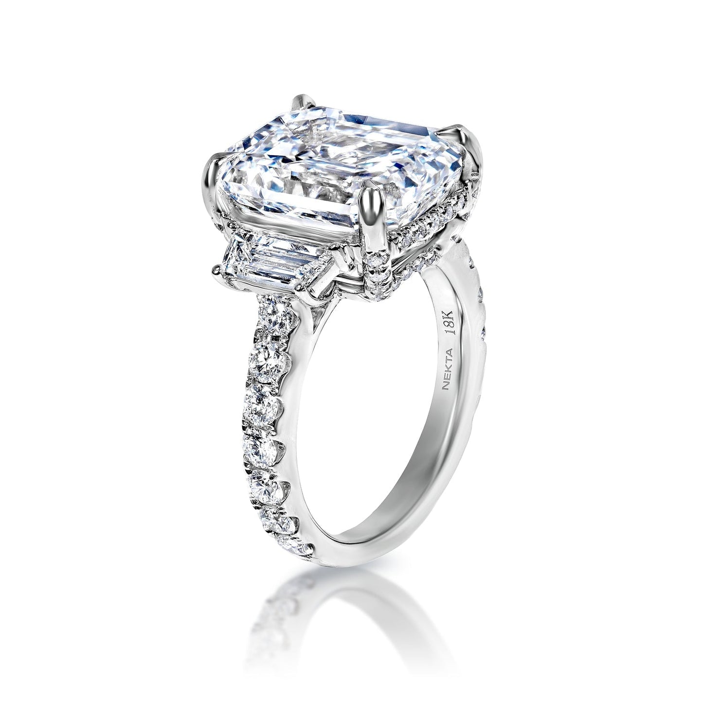 Adelina 11 Carats F VVS2 Emerald Cut Diamond Engagement Ring in 18k White Gold Side Veiw