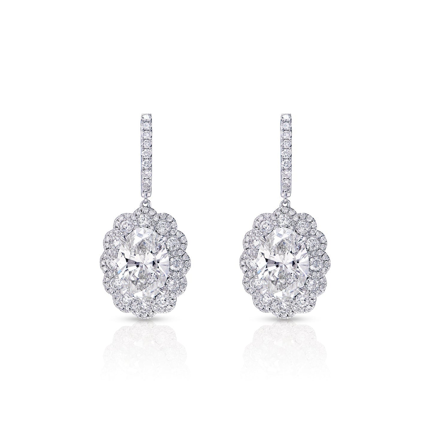 Luanna 11 Carat I VS1 Oval Cut Lab-Grown Halo Diamond Hanging Earrings in 18k White Gold Front View