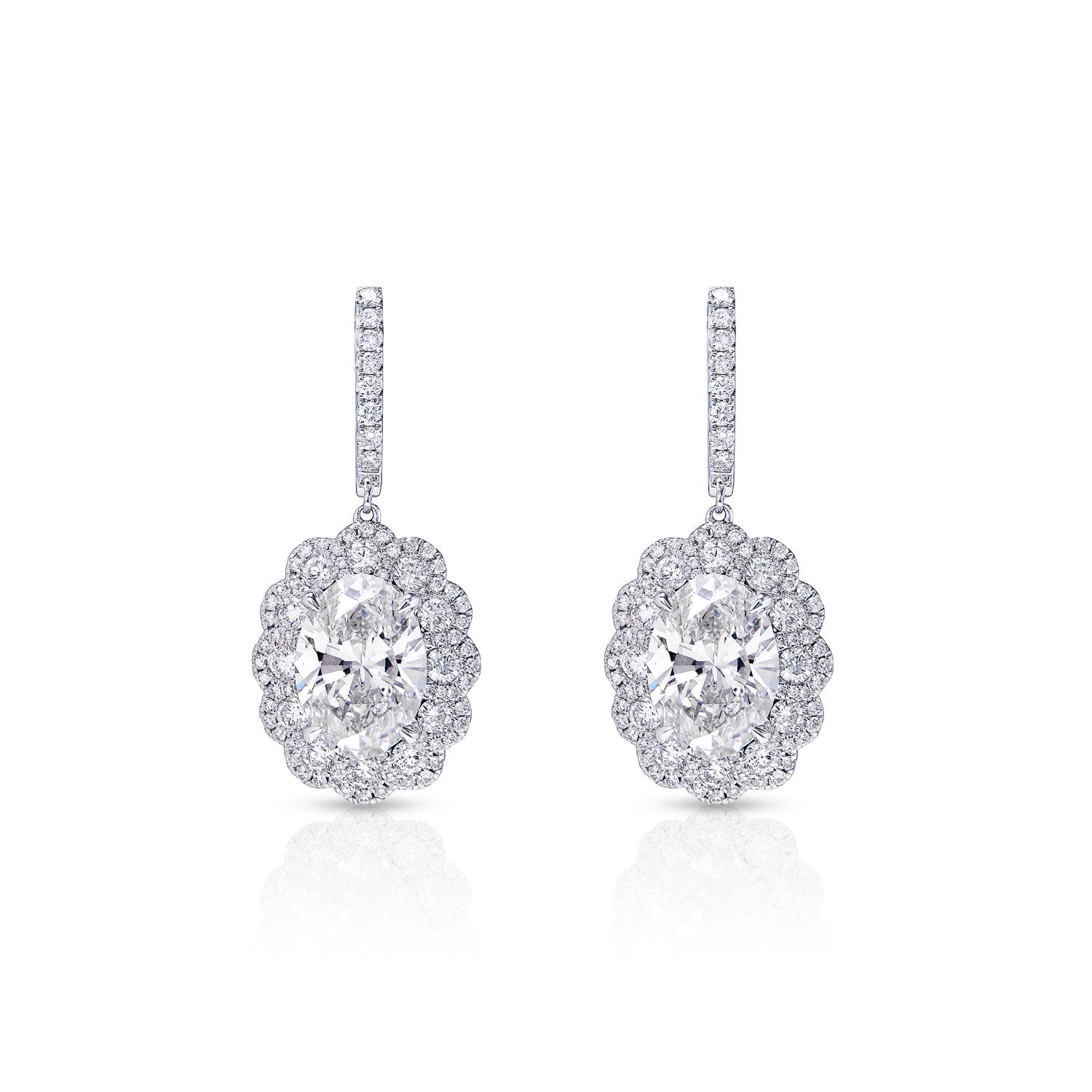 Luanna 11 Carat I VS1 Oval Cut Lab-Grown Halo Diamond Hanging Earrings in 18k White Gold Front View