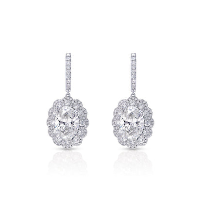 Luanna 11 Carat I VS1 Oval Cut Lab-Grown Halo Diamond Hanging Earrings in 18k White Gold Front View