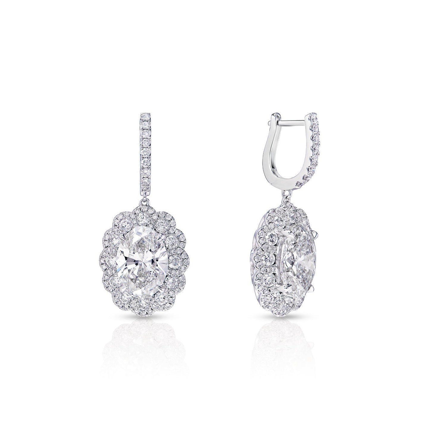 Luanna 11 Carat I VS1 Oval Cut Lab-Grown Halo Diamond Hanging Earrings in 18k White Gold Front and Back View