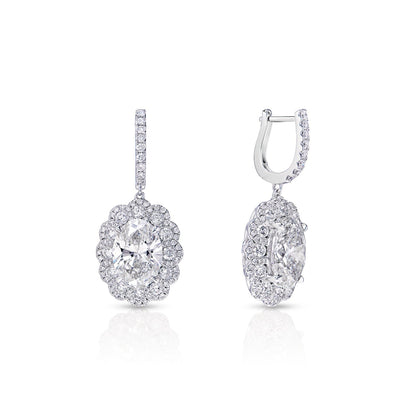 Luanna 11 Carat I VS1 Oval Cut Lab-Grown Halo Diamond Hanging Earrings in 18k White Gold Front and Back View