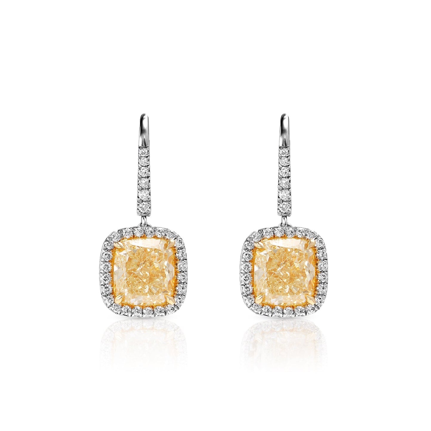 Amaia 7 Carat Yellow Cushion Cut Halo Diamond Leverback Hanging Earrings in Platinum Front View