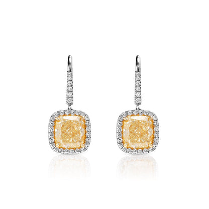 Amaia 7 Carat Yellow Cushion Cut Halo Diamond Leverback Hanging Earrings in Platinum Front View