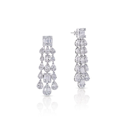 Kendra 6 Carat Combine Mix Shape Diamond Chandelier Earrings in 14k White Gold Front and Side View