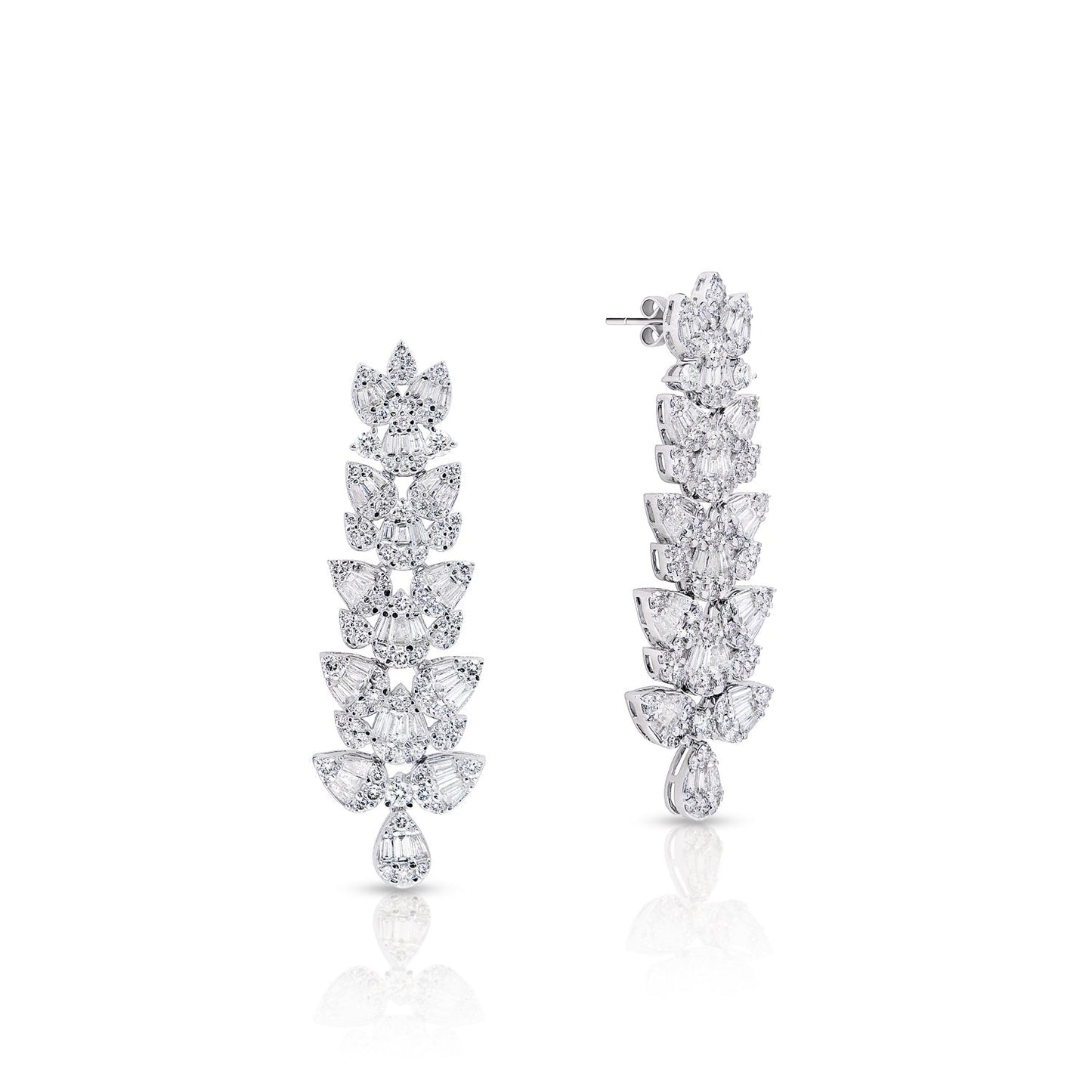 Martha 6 Carat Combine Mix Shape Diamond Hanging Earrings in 14k White Gold Front and Side View