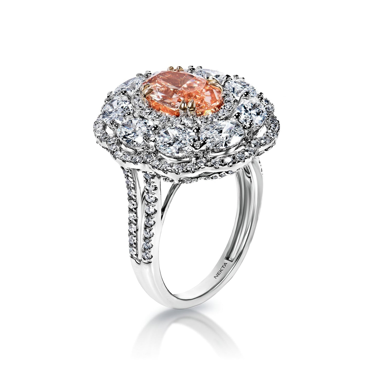 Elliott 6 Carat Fancy Orangy Pink VS1 Oval Cut Diamond Engagement Ring in 18k White Gold SIde View