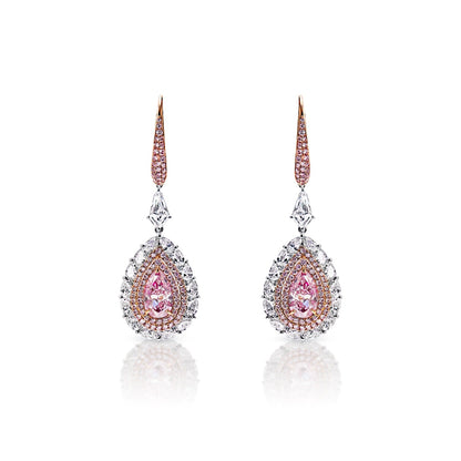 Julie 5 Carat Light and Faint Pink VS1-SI1 Pear Shape Diamond Hanging Earrings in 18k White & Rose Gold Front View