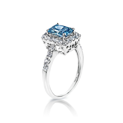 LYDIA 2 Carat Fancy Vivid Greenish Blue VS1 Radiant Cut Lab Grown Diamond Engagement Ring in 14k White Gold Side View