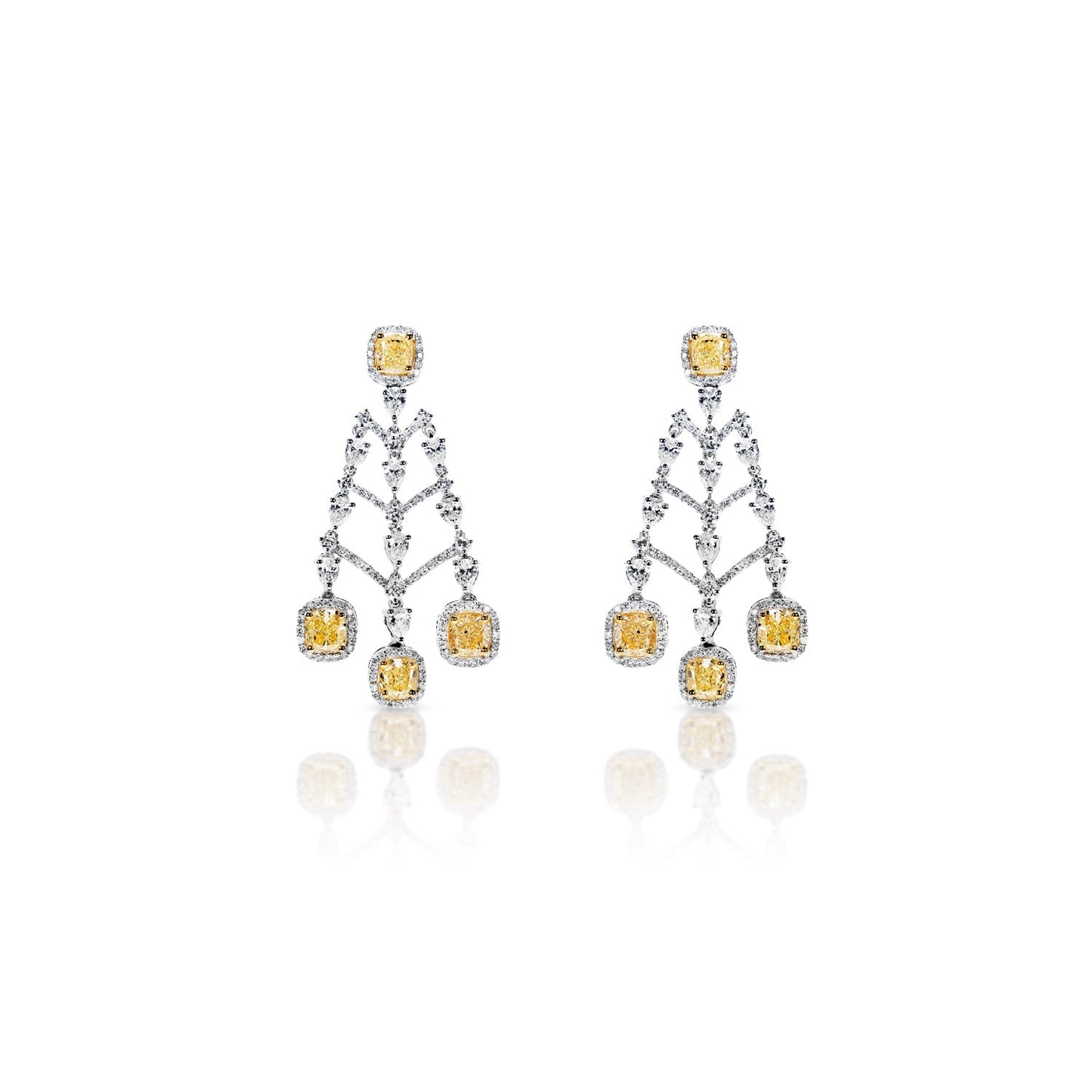 Collins 8 Carat Yellow Combine Mix Shape Diamond Hanging Earrings in 18k White Gold Front View