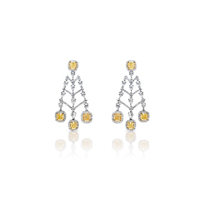 Collins 8 Carat Yellow Combine Mix Shape Diamond Hanging Earrings in 18k White Gold Front View