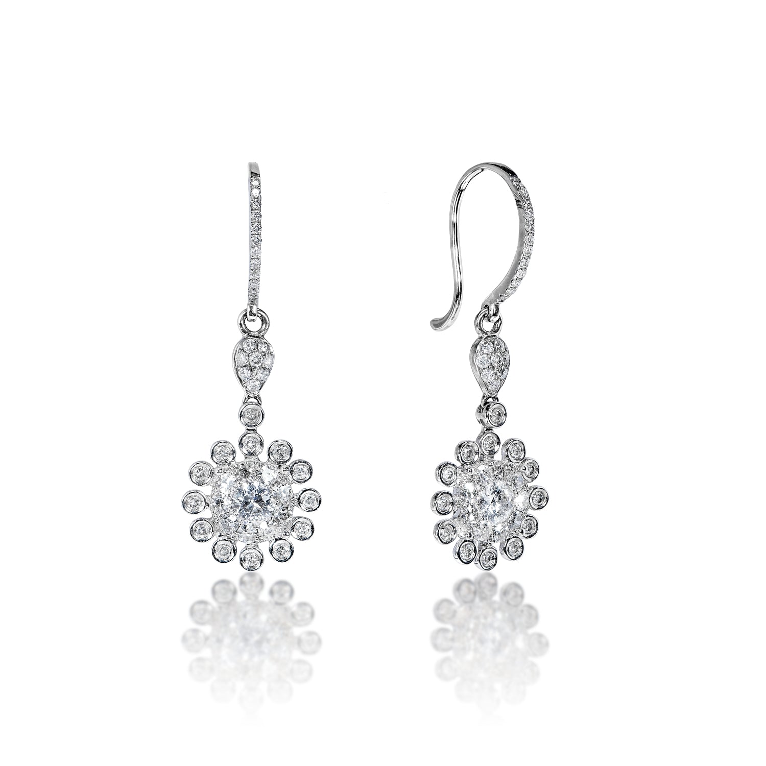 Camilla 2 Carat Round Brilliant Bezel Set Diamond Hanging Earrings in 14k White Gold Side View