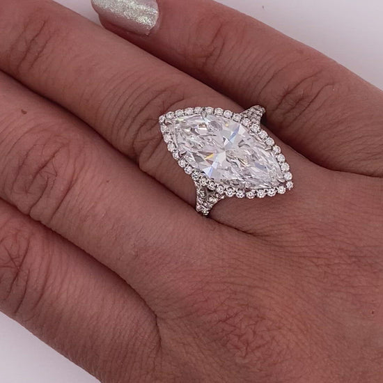 Diamond Ring Marquise Cut 6 Carat Sidestone Ring in Platinum Video on Hand