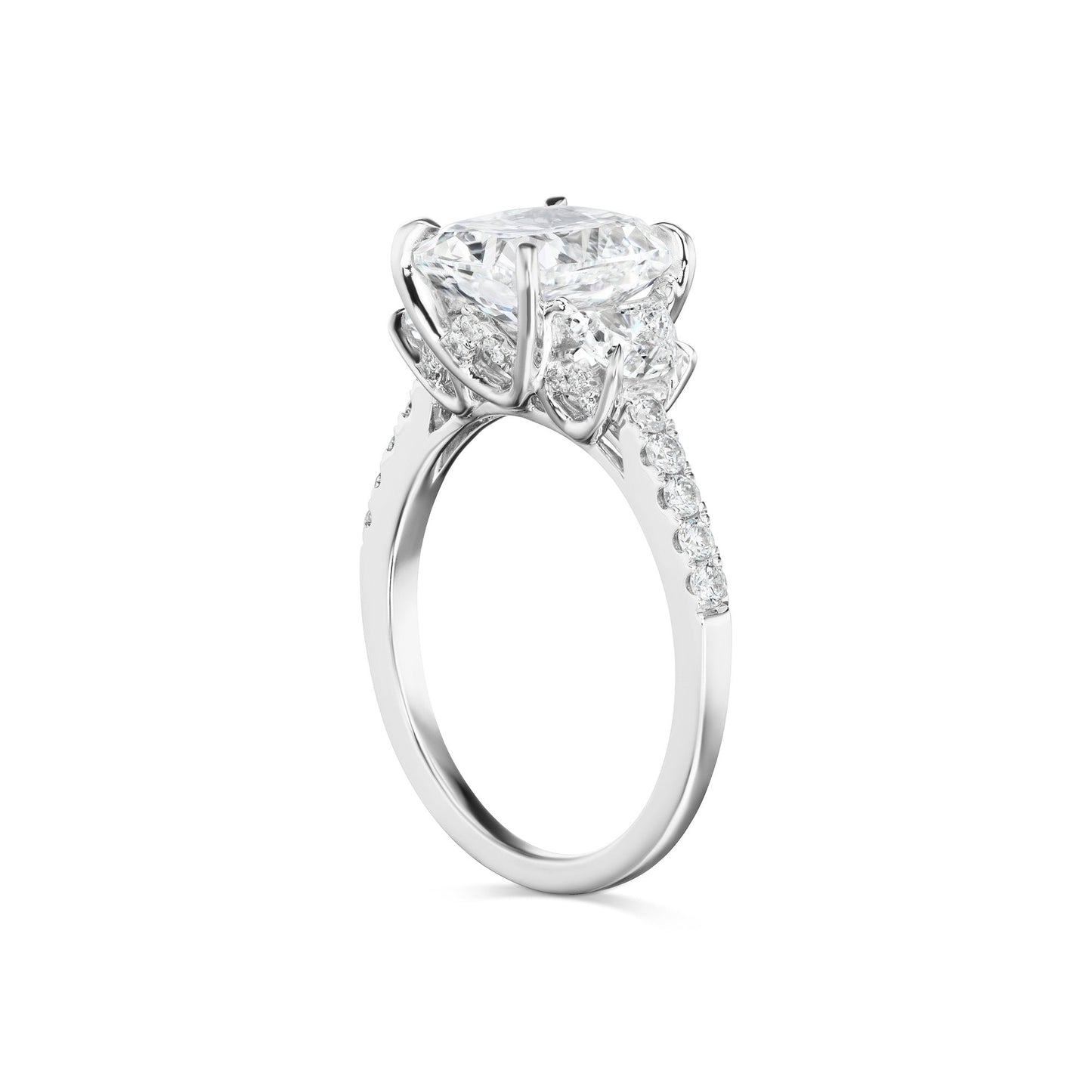 Diamond Ring Cushion Cut 4 Carat Three Stone Ring in 18K White Side Front