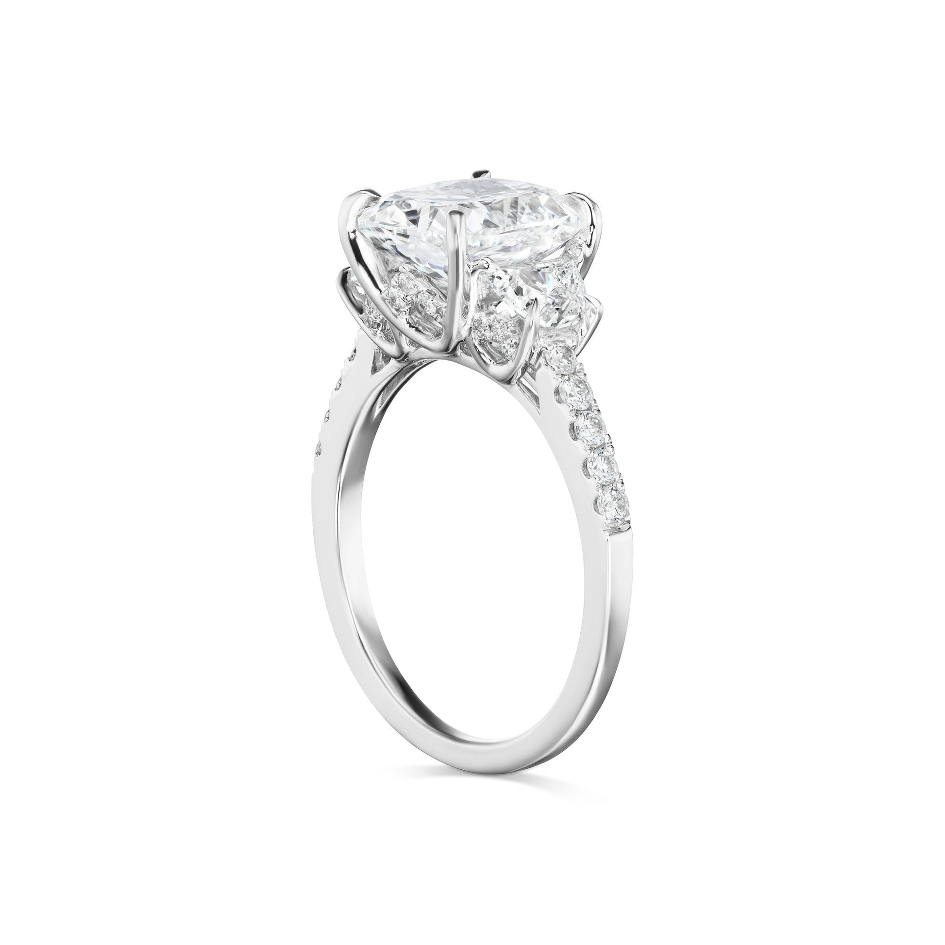 Diamond Ring Cushion Cut 4 Carat Three Stone Ring in 18K White Side Front