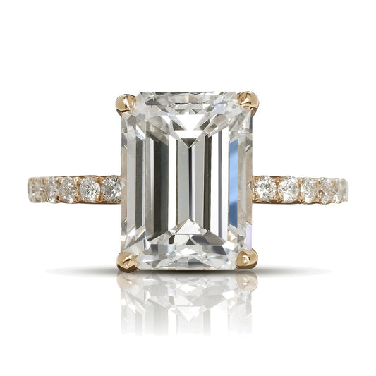 Diamond Ring Emerald Cut 4 Carat Sidestone Ring in 18k Rose Gold Front View