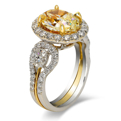 Light Yellow Diamond Ring Oval Cut Halo Ring in 18K White Gold Side View