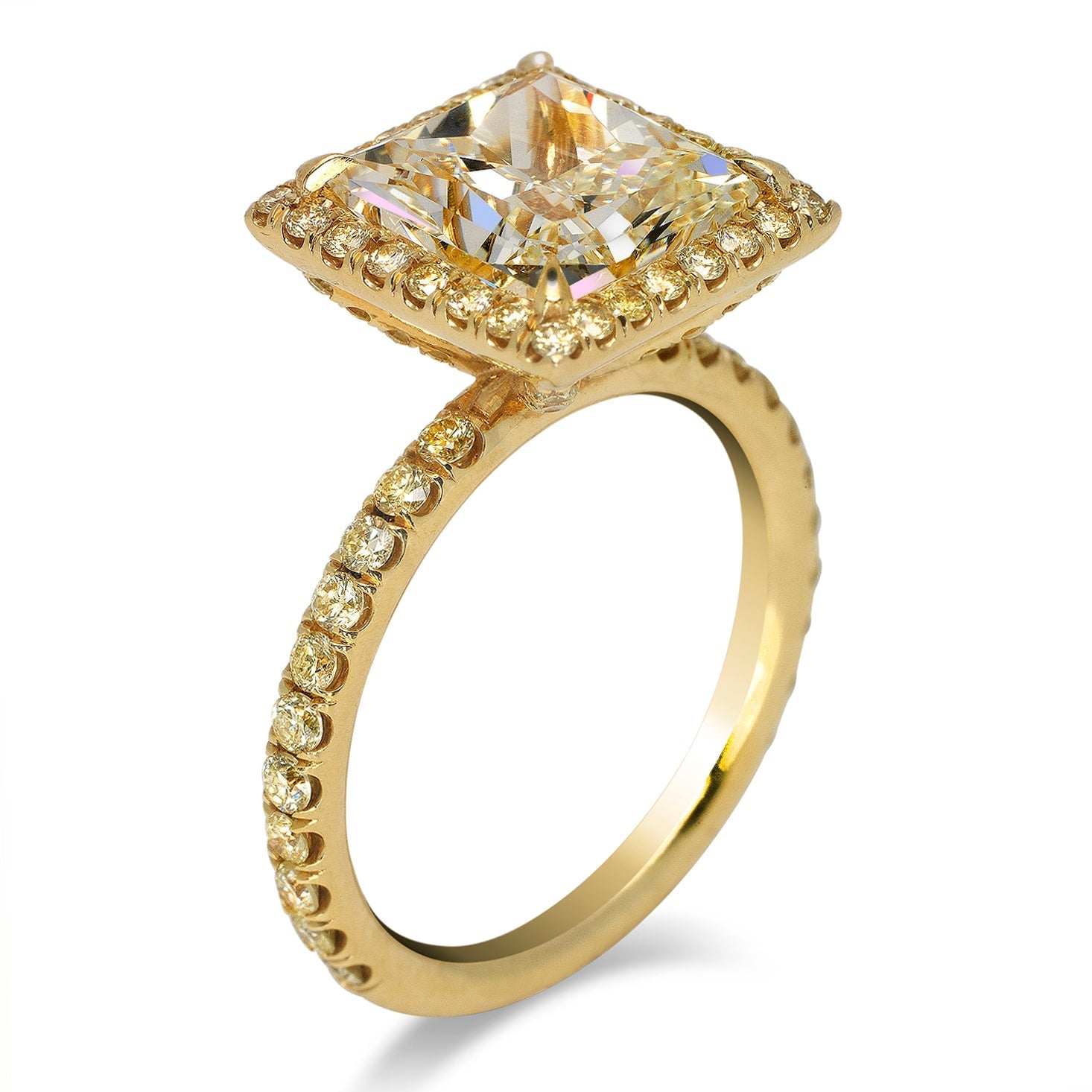 Yellow Diamond Ring Princess Cut 4 Carat Halo Ring in 18K Yellow Gold Side View