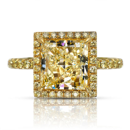 Yellow Diamond Ring Princess Cut 4 Carat Halo Ring in 18K Yellow Gold Front View