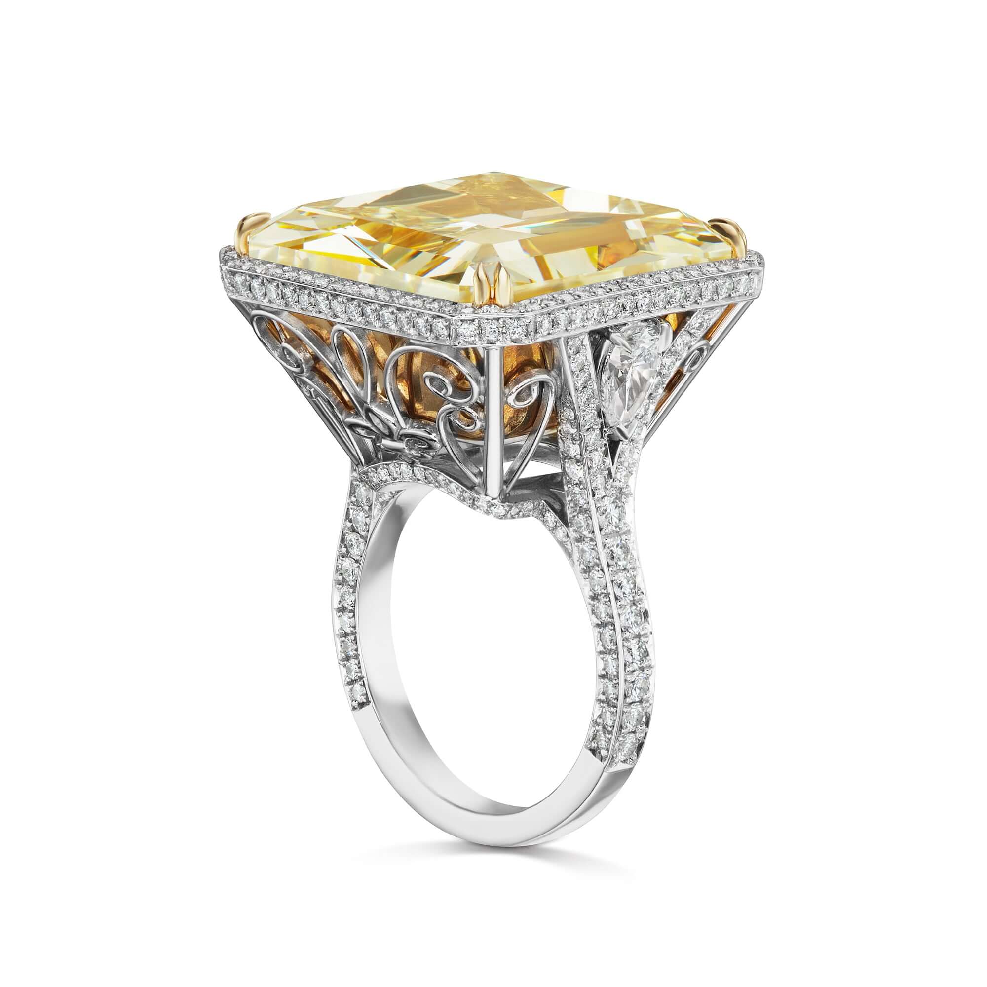 40 carat radiant cut fancy yellow diamond engagement ring