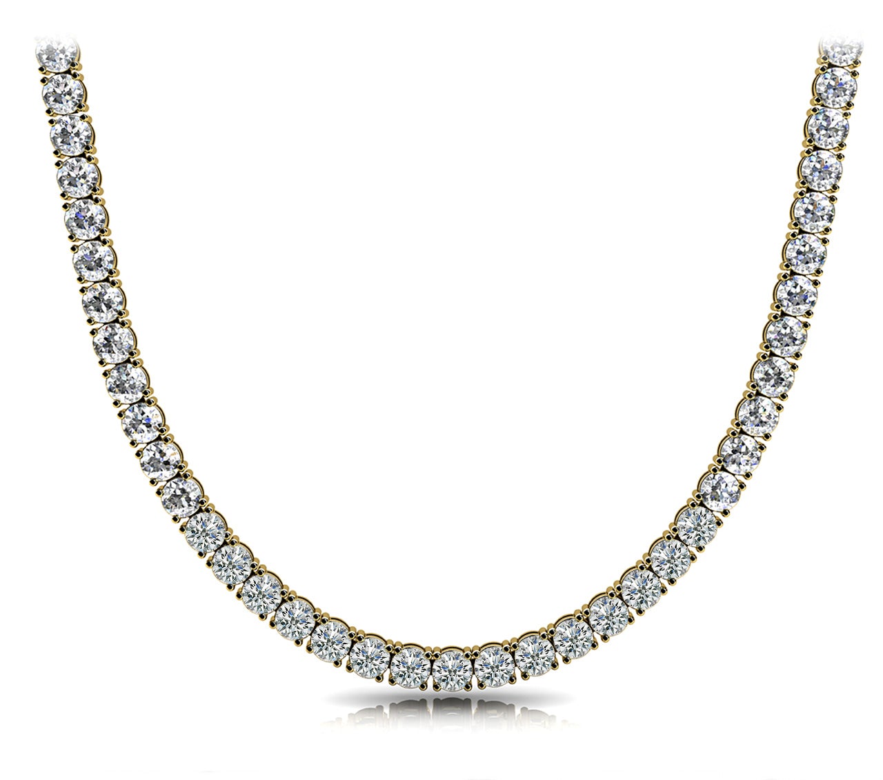 Diamond 50 pointer Tennis Chain Necklace Round Shaped 40 Carat 4 prong set in 18K Yellow Gold Front View