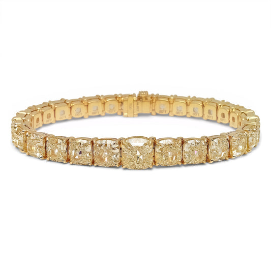 Yellow Diamond Bracelet Cushion Cut 44 Carat Inline Diamond Tennis Bracelet in 14K Yellow Gold Front View