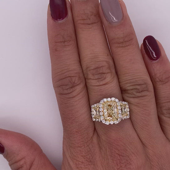 Yellow Diamond Ring Radiant Cut 5 Carat Three Stone Ring in Platinum & 18K Gold Video on Hand