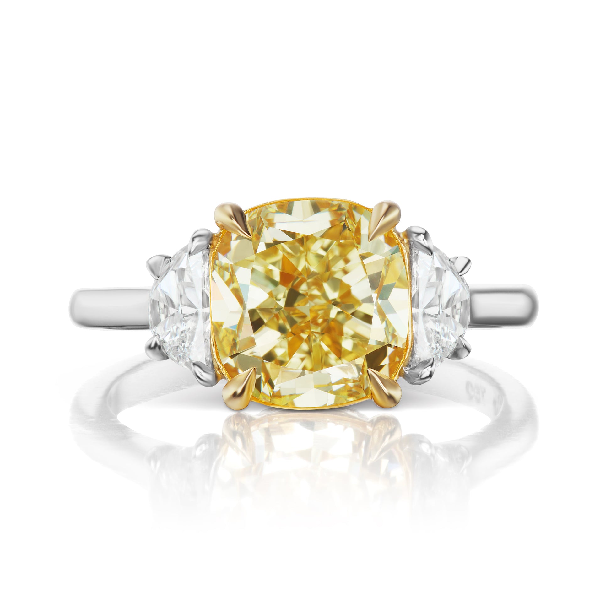 Light Yellow Diamond Ring Cushion Cut 5 Carat Three Stone Ring in Platinum and 18k White Gold Front View