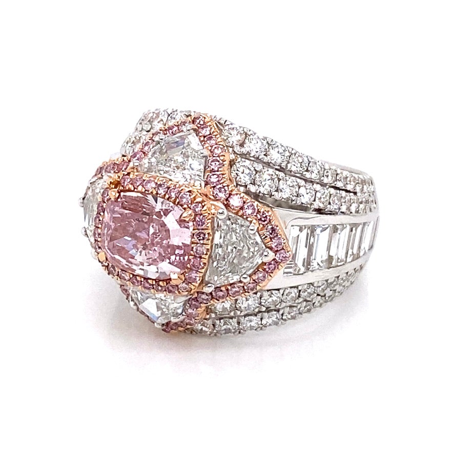 Purplish Pink Diamond Ring Cushion Cut 5 Carat Halo Ring in 18K White Gold Side View