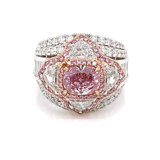 Purplish Pink Diamond Ring Cushion Cut 5 Carat Halo Ring in 18K White Gold Front View