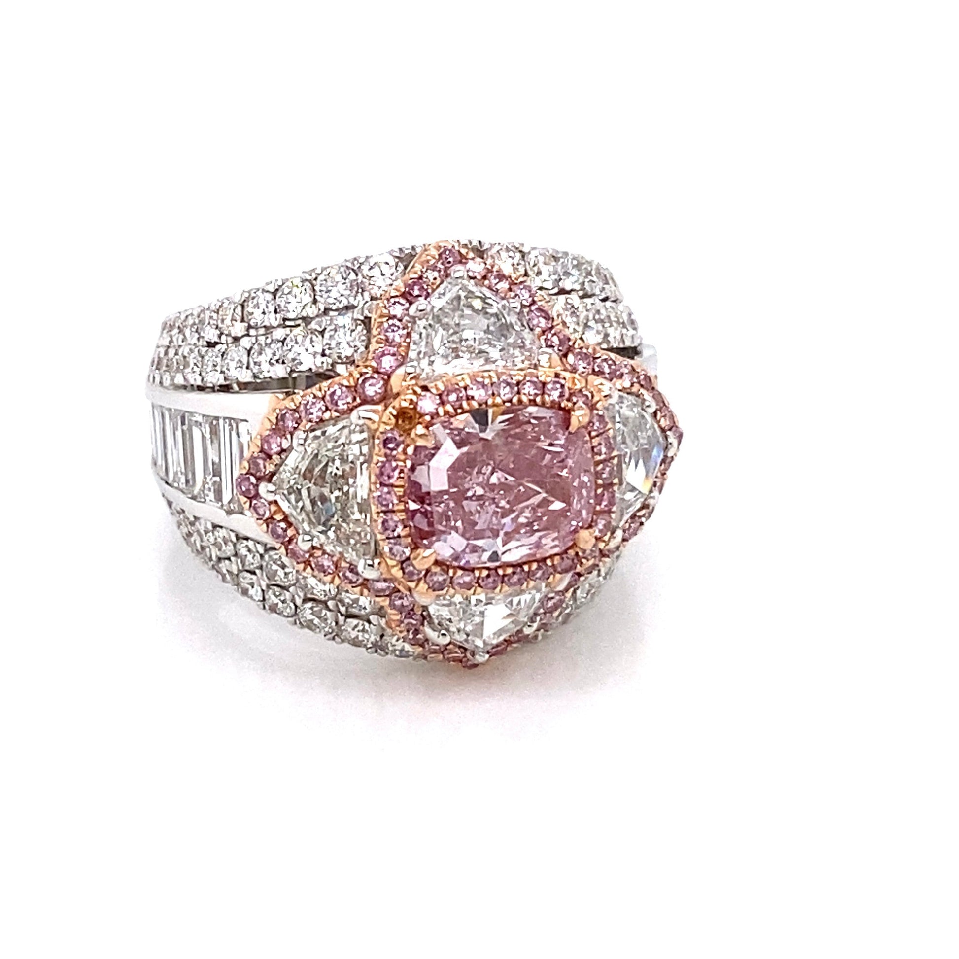 Purplish Pink Diamond Ring Cushion Cut 5 Carat Halo Ring in 18K White Gold Front View